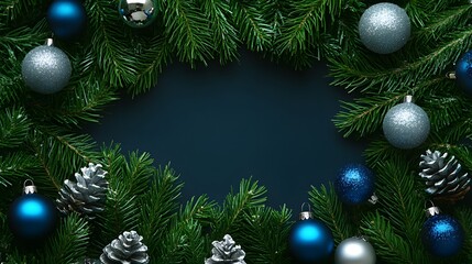 Festive Christmas Wreath With Blue And Silver Ornaments