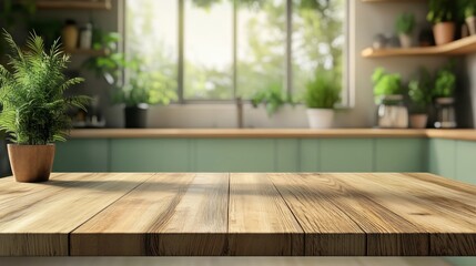 Fototapeta premium Wooden table in a bright, plant-filled kitchen.