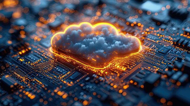 cloud computing with glowing neon lights rendering