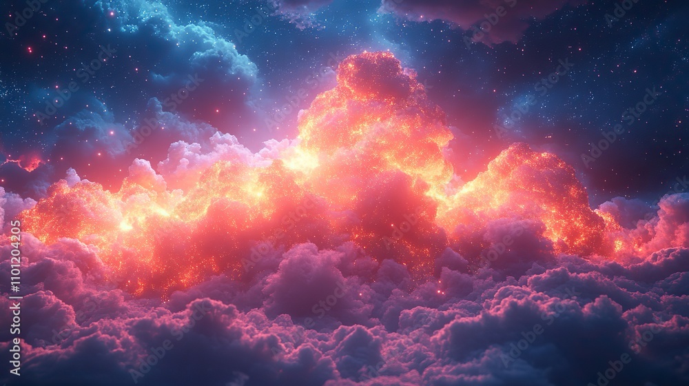 Poster cloud computing with glowing neon lights rendering