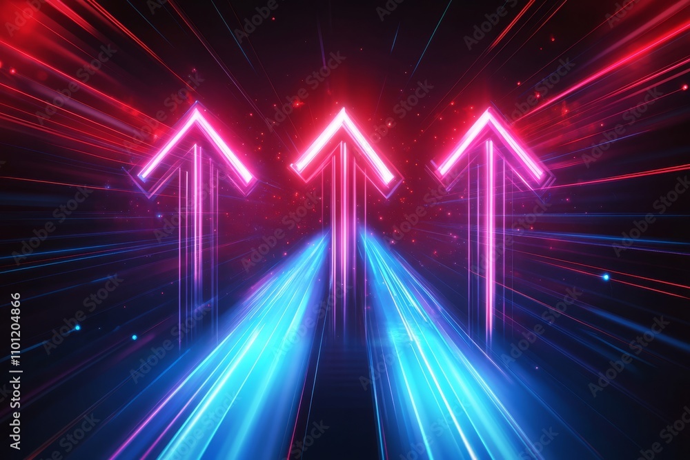 Poster set against a dark backdrop, vibrant and luminous red and blue arrows glow brightly, pointing upward