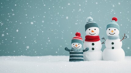 Obraz premium Three cheerful snowmen stand together in a snowy landscape, adorned with colorful hats and scarves, surrounded by gently falling snowflakes.