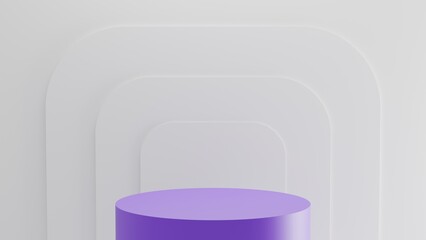 A minimalist product display with cylindrical podiums of varying heights and colors with abstract elements and background. For product presentation. 3D rendering.