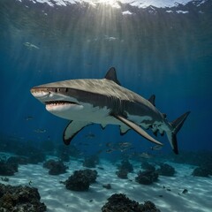 Fototapeta premium A tiger shark cruising gracefully in a deep, clear sea.