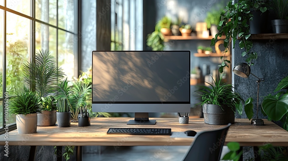Poster computer screen and office work rendering
