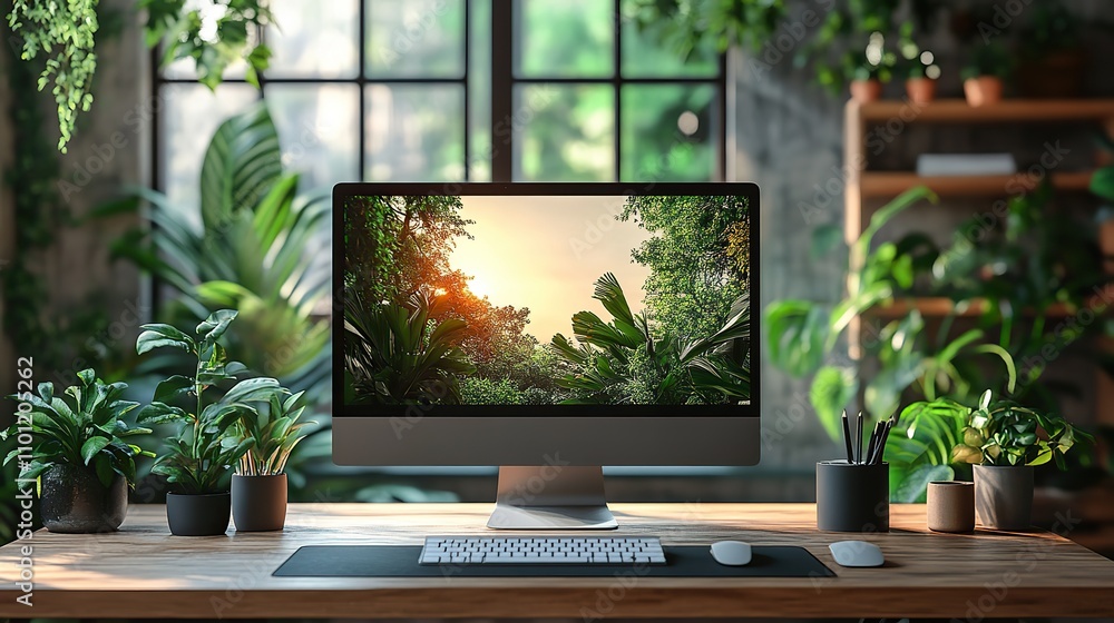 Poster computer screen and office work rendering