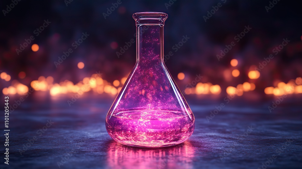 Poster conical flask with dark neon light effect rendering