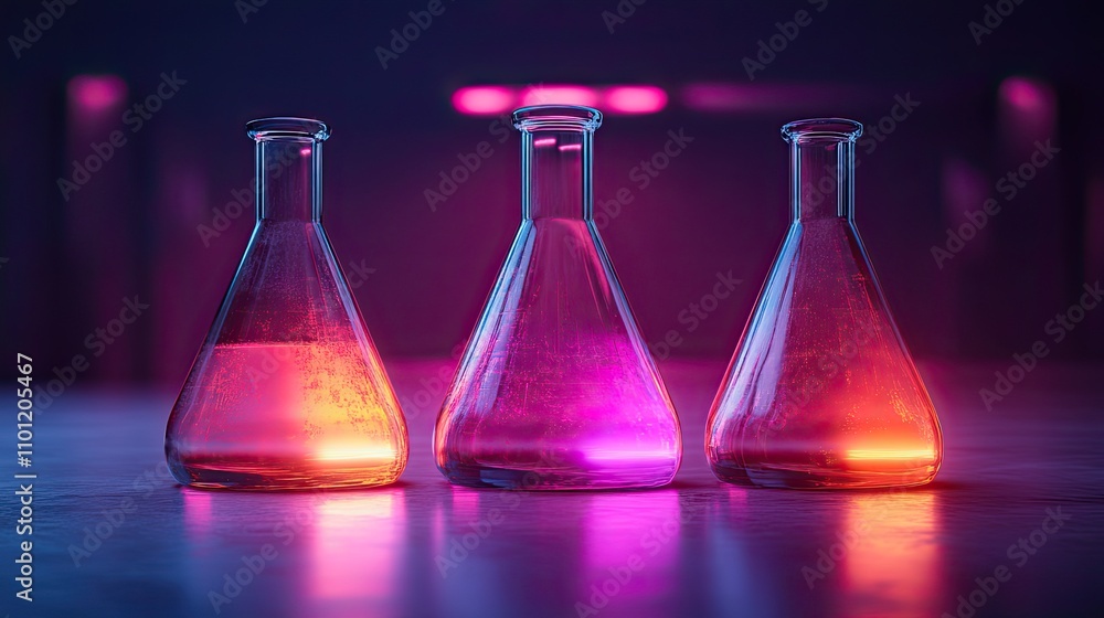 Poster conical flask with dark neon light effect rendering