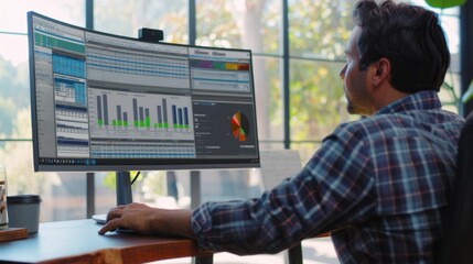 A business executive analyzing financial projections on a high-resolution monitor in a sleek home office, The setting includes detailed spreadsheets, financial graphs