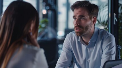 A business executive conducting a performance review with an employee in a private, modern office space, The setting includes performance review documents