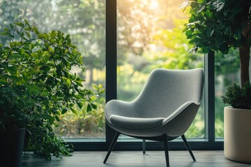 Grey Chair by Window with Plant