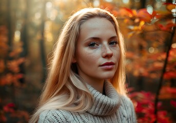 Obraz premium Blond woman in autumn forest