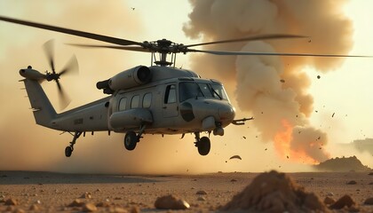 An army helicopter, metallic gray, flying low over a war zone with ground explosions