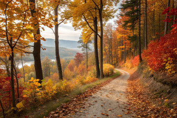 Obraz premium Autumn Forest Trail Winding Path with Fall Leaves