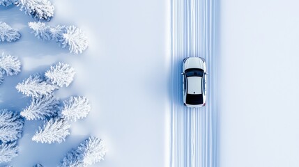 A car drives through a snowy landscape, leaving tire tracks in fresh snow, surrounded by white trees under a clear winter sky.