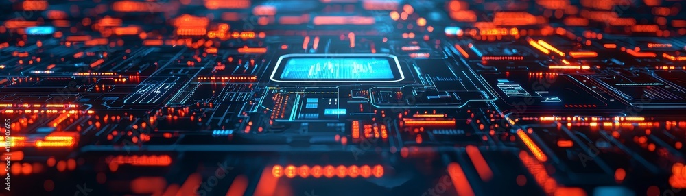 Poster a vibrant, close-up view of a circuit board, featuring glowing components and intricate patterns in 