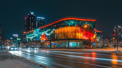 Modern Urban Building Illuminated at Night with Colorful Lights and Festive Decorations in a Snowy Cityscape