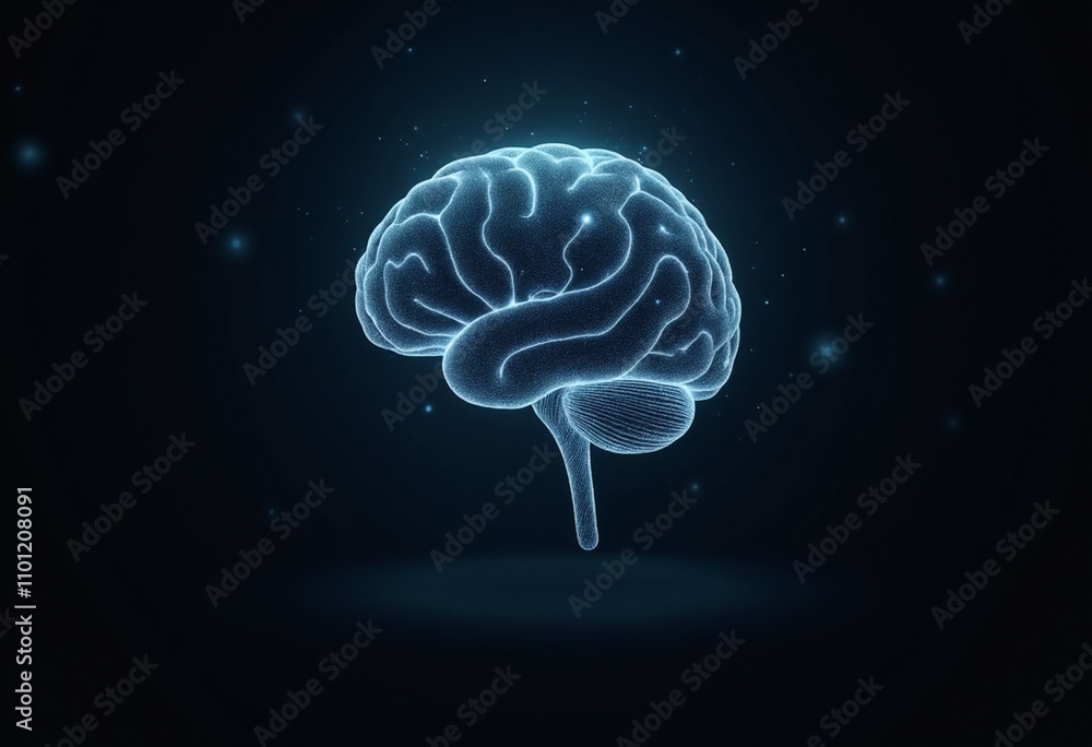 Poster artistic rendering of a neural network as a floating, digital brain outlined with illuminated circui