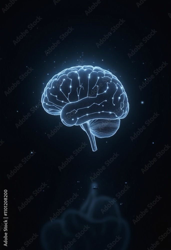 Poster artistic rendering of a neural network as a floating, digital brain outlined with illuminated circui