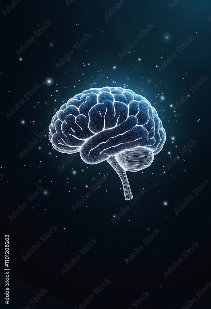 Poster artistic rendering of a neural network as a floating, digital brain outlined with illuminated circui