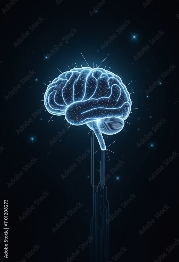Aufkleber Artistic rendering of a neural network as a floating, digital brain outlined with illuminated circuits