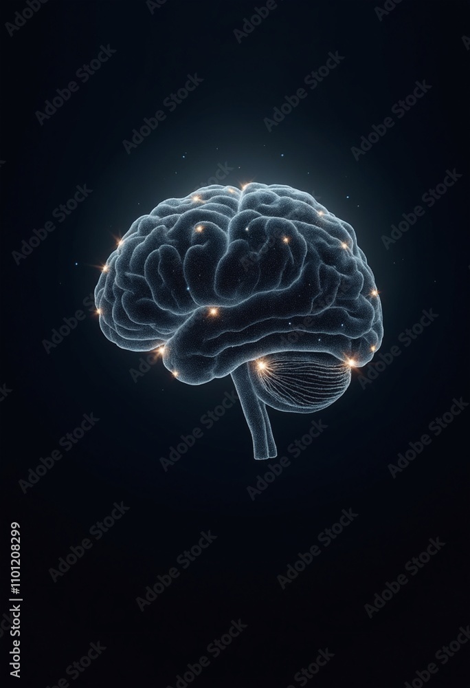 Poster artistic rendering of a neural network as a floating, digital brain outlined with illuminated circui