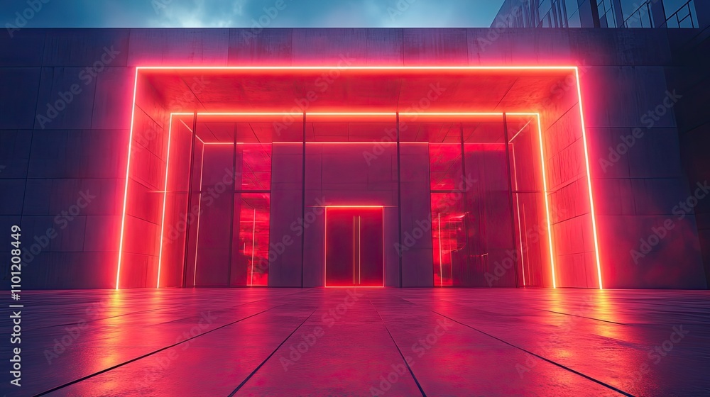 Poster dark building with neon illumination rendering
