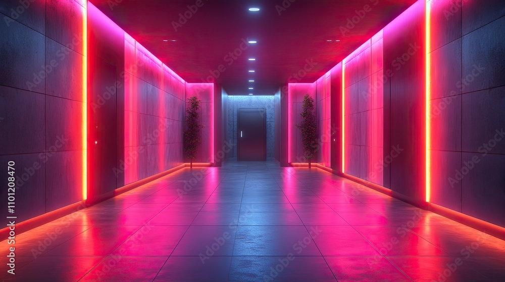 Poster dark building with neon illumination rendering