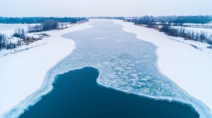 Frozen River in Winter Landscape