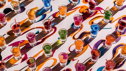 Obraz premium Set of colorful alcoholic cocktails in shot glasses isolated on white with reflection. Colletion of shooters