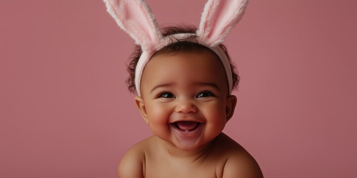 Happy african american baby wearing bunny ears celebrates easter on pink background