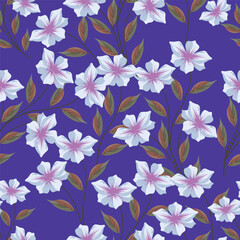 Fototapeta premium Trendy Floral pattern in the many kind of flowers. Tropical botanical Motifs scattered random. Seamless vector texture. Printing with in hand drawn style on dark background