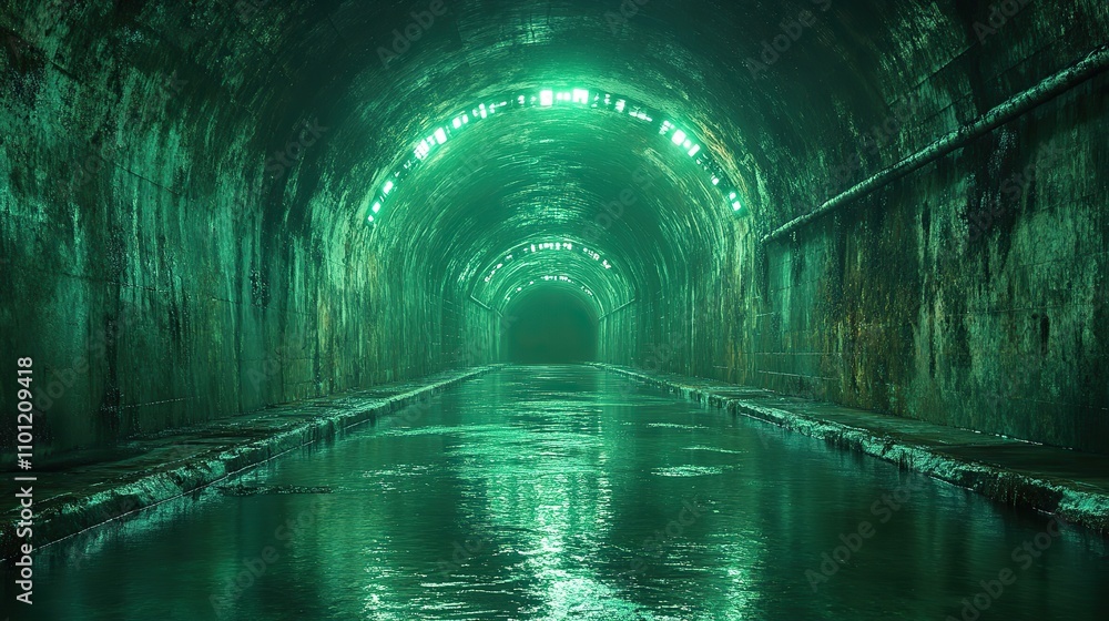 Poster dark tunnel with glowing neon lines rendering