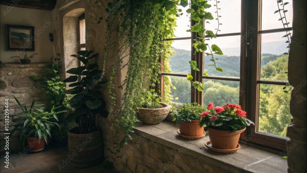 Poster natural elements are incorporated through potted greenery with trailing vines and vibrant plants pos