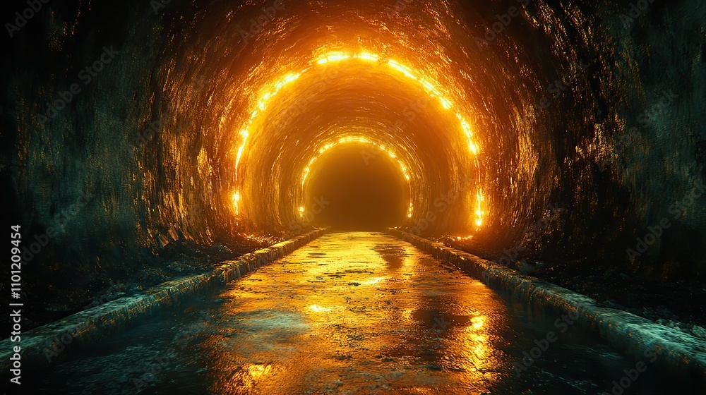 Poster dark tunnel with glowing neon lines rendering