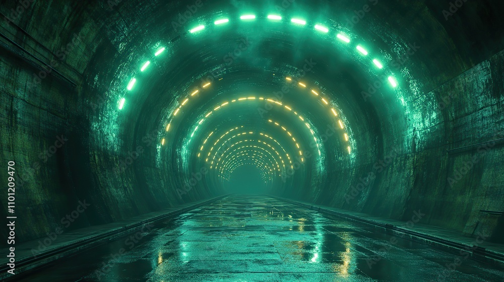 Poster dark tunnel with glowing neon lines rendering