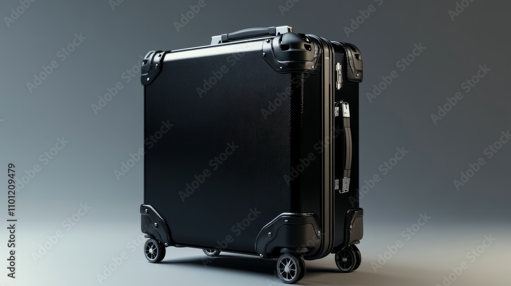 Poster practical black suitcase with visible wheel details and a sturdy telescopic handle, shot from a low 