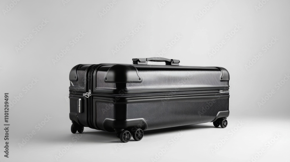Poster practical black suitcase with visible wheel details and a sturdy telescopic handle, shot from a low 