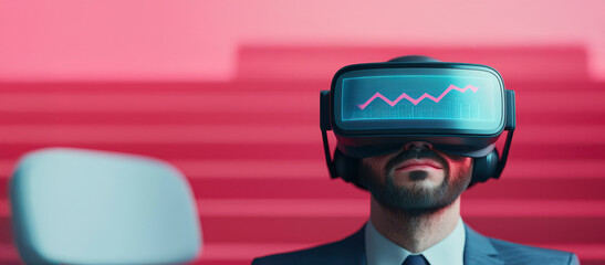 Fototapeta premium A man in a suit wears a virtual reality headset, immersed in a digital experience against a vibrant pink backdrop.