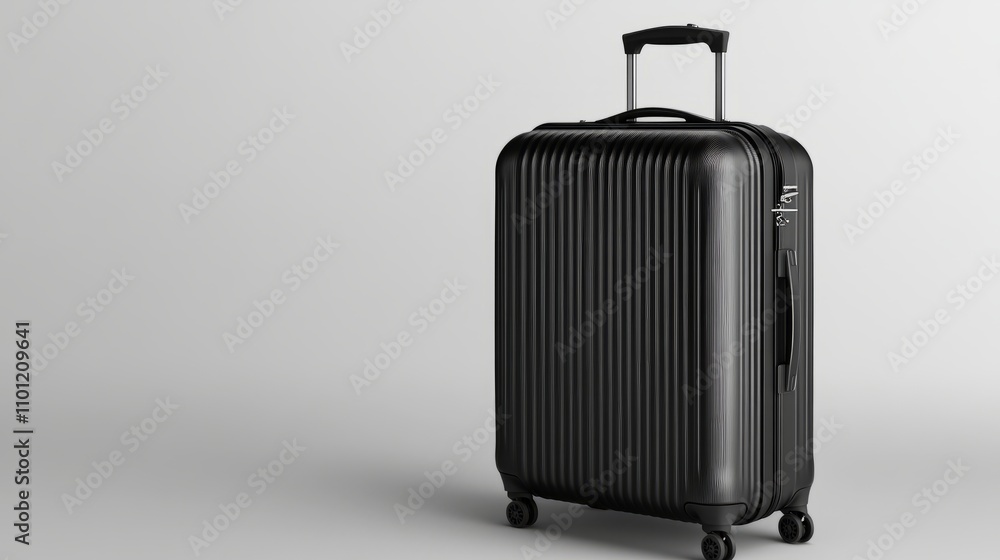 Poster sleek black suitcase with subtle branding and smooth corners, placed at an elegant angle on a transp