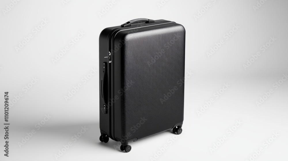 Poster sleek black suitcase with subtle branding and smooth corners, placed at an elegant angle on a transp