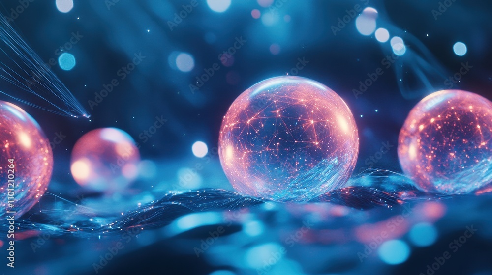 Poster abstract representation of glowing spheres with interconnected patterns in a vibrant digital space.