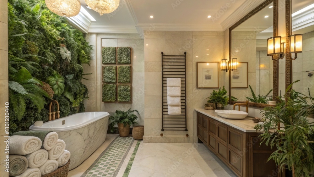 Poster lush greenery and curated decorative elements add a vibrant touch complemented by plush towels neatl