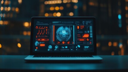 Obraz premium Futuristic Technology Interface on Laptop in Night City