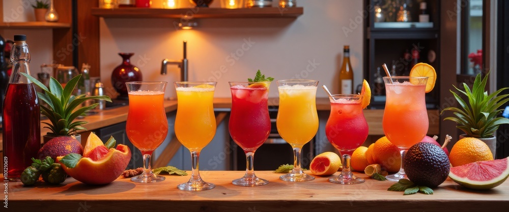 Poster a table with a variety of colorful drinks and fruit. the drinks are in tall glasses and the fruit is