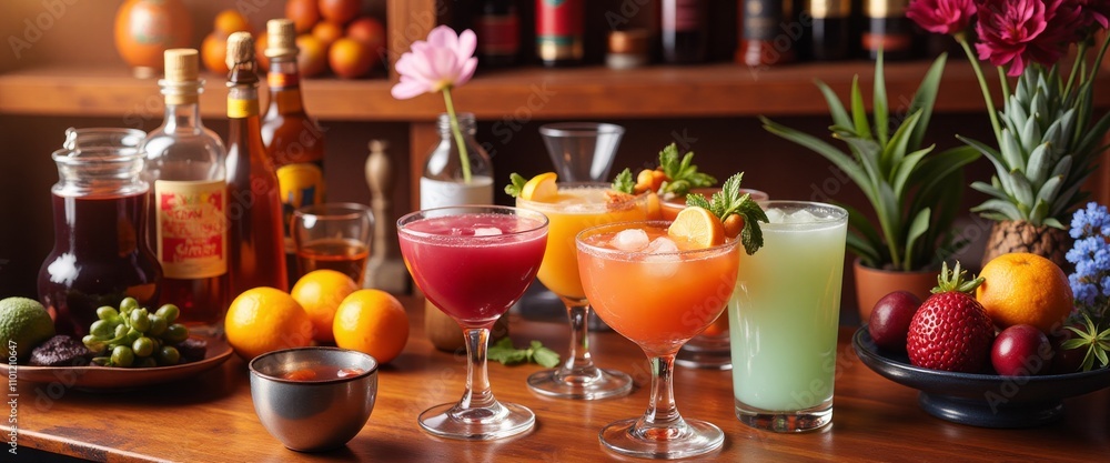Poster a table with a variety of colorful drinks and fruit. the drinks are in tall glasses and the fruit is