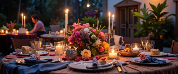 A table with a white tablecloth and a variety of plates, cups, and utensils. The table is set for a large dinner party with candles and flowers. Scene is warm and inviting
