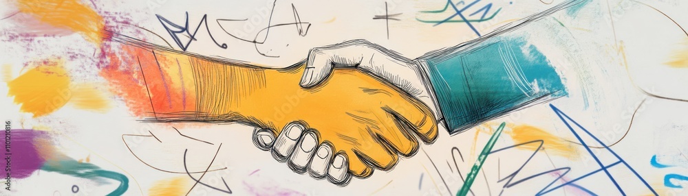Poster a handshake between two diverse hands symbolizes unity and collaboration.