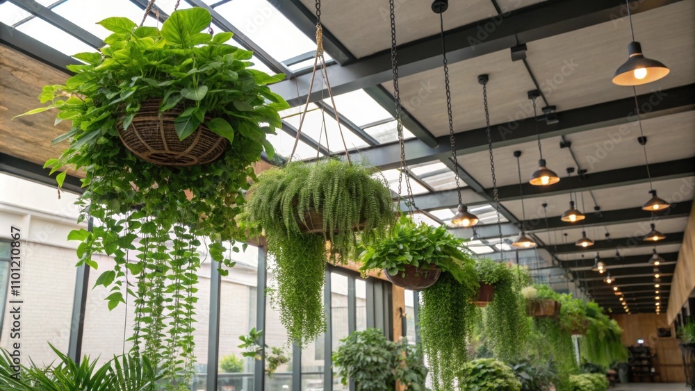 Poster lush greenery cascades from hanging planters suspended from the ceiling creating an enchanting overh