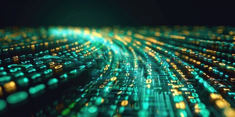 A dynamic stream of glowing binary code in vibrant green and yellow hues flowing diagonally over a black background, symbolizing high-speed data transfer.